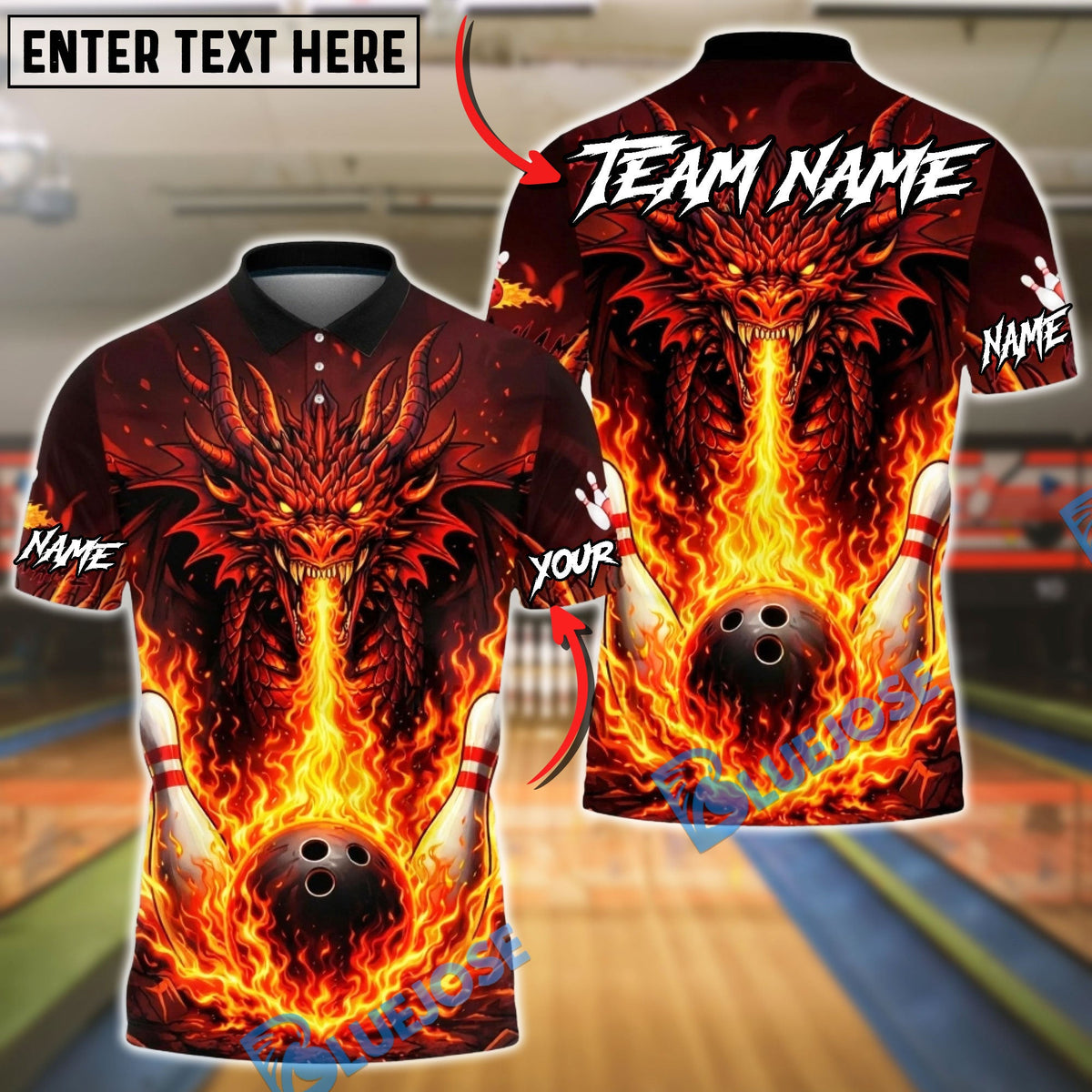 BlueJose Bowling &amp; Pins Dragon Fire Breath Flaming Ball Graphic Customized Name, Team Name 3D Shirt (4 Colors)