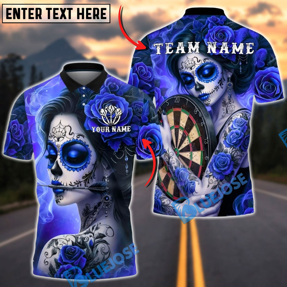 BlueJose Darts Sugar Skull Rose Tattoo Gothic Art Personalized Name, Team Name Unisex Shirt (4 Colors)