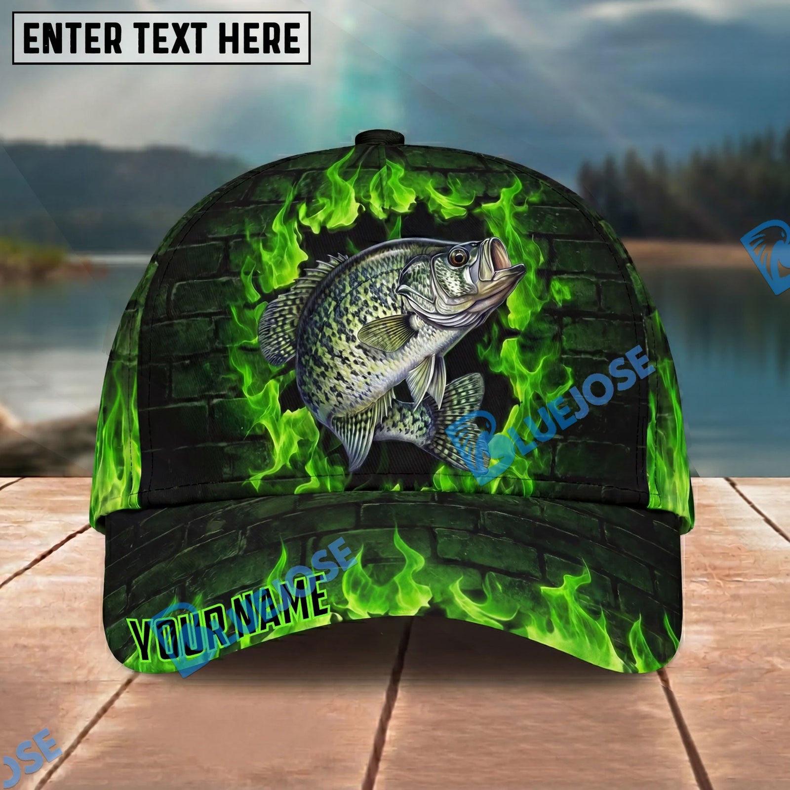 BlueJose Fishing Green Flame Brick Wall Personalized Name Classic 3D Cap Personalized Cap (13 Breeds)