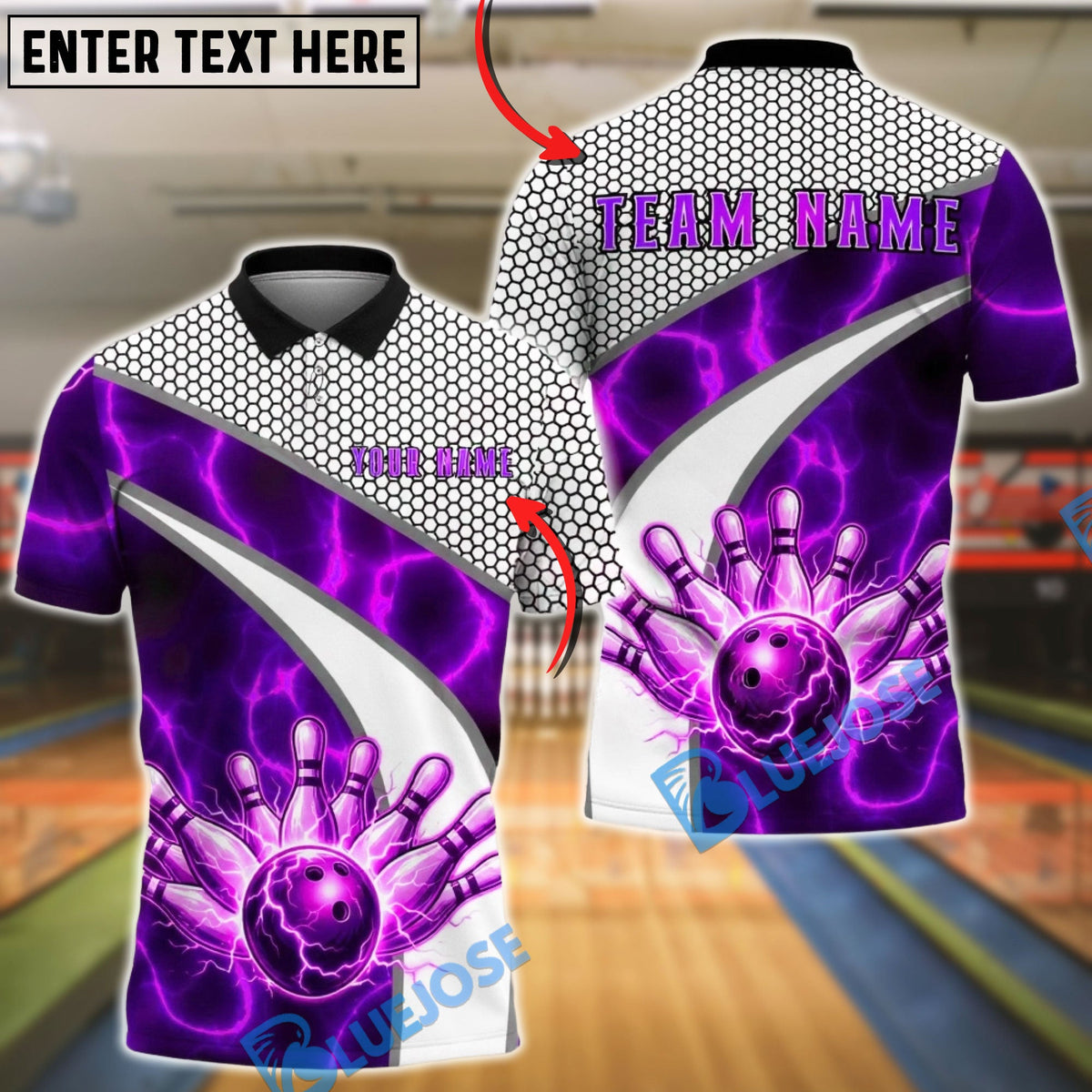 BlueJose Bowling & Pins Lightning Ball Strike Graphic Customized Name, Team Name 3D Shirt (4 Colors)