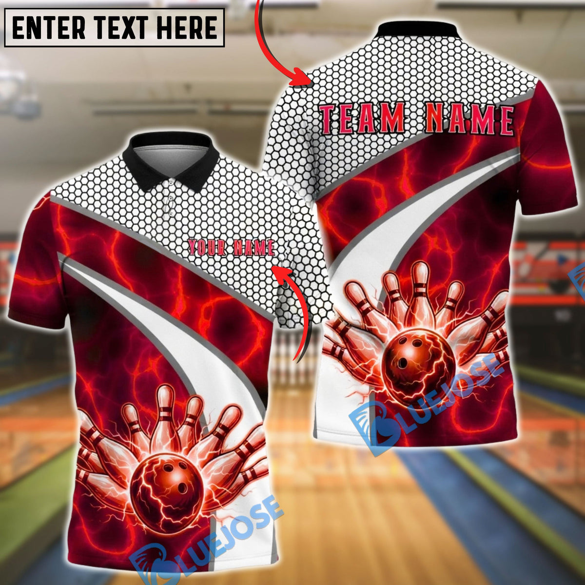 BlueJose Bowling &amp; Pins Lightning Ball Strike Graphic Customized Name, Team Name 3D Shirt (4 Colors)