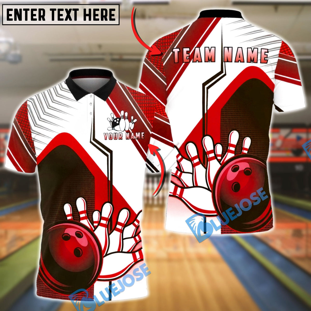 BlueJose Bowling &amp; Pins Classic Strike Ball &amp; Pins Graphic Customized Name, Team Name 3D Shirt (4 Colors)
