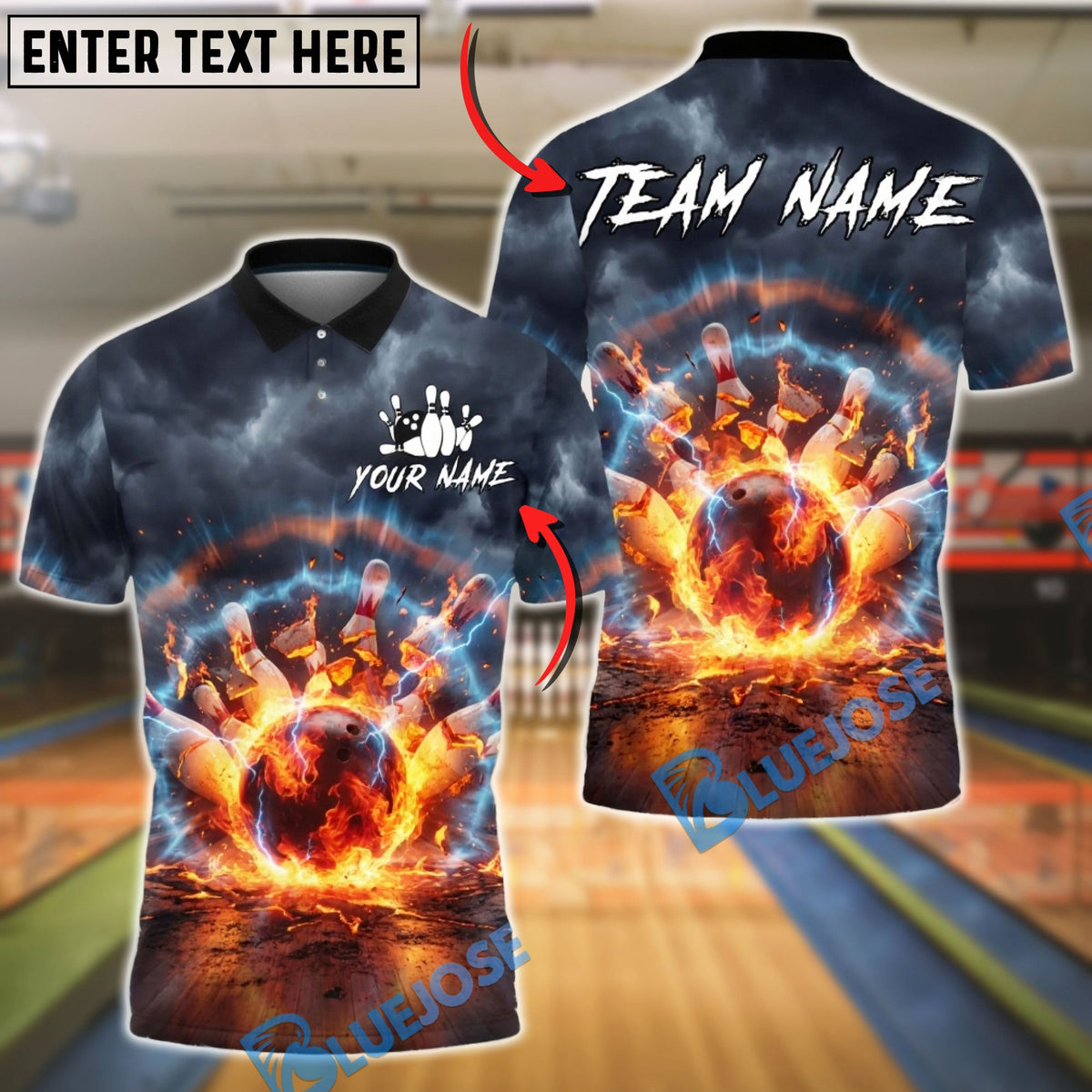 BlueJose Bowling &amp; Pins Flaming Impact Storm Strike Graphic Customized Name, Team Name 3D Shirt (4 Colors)