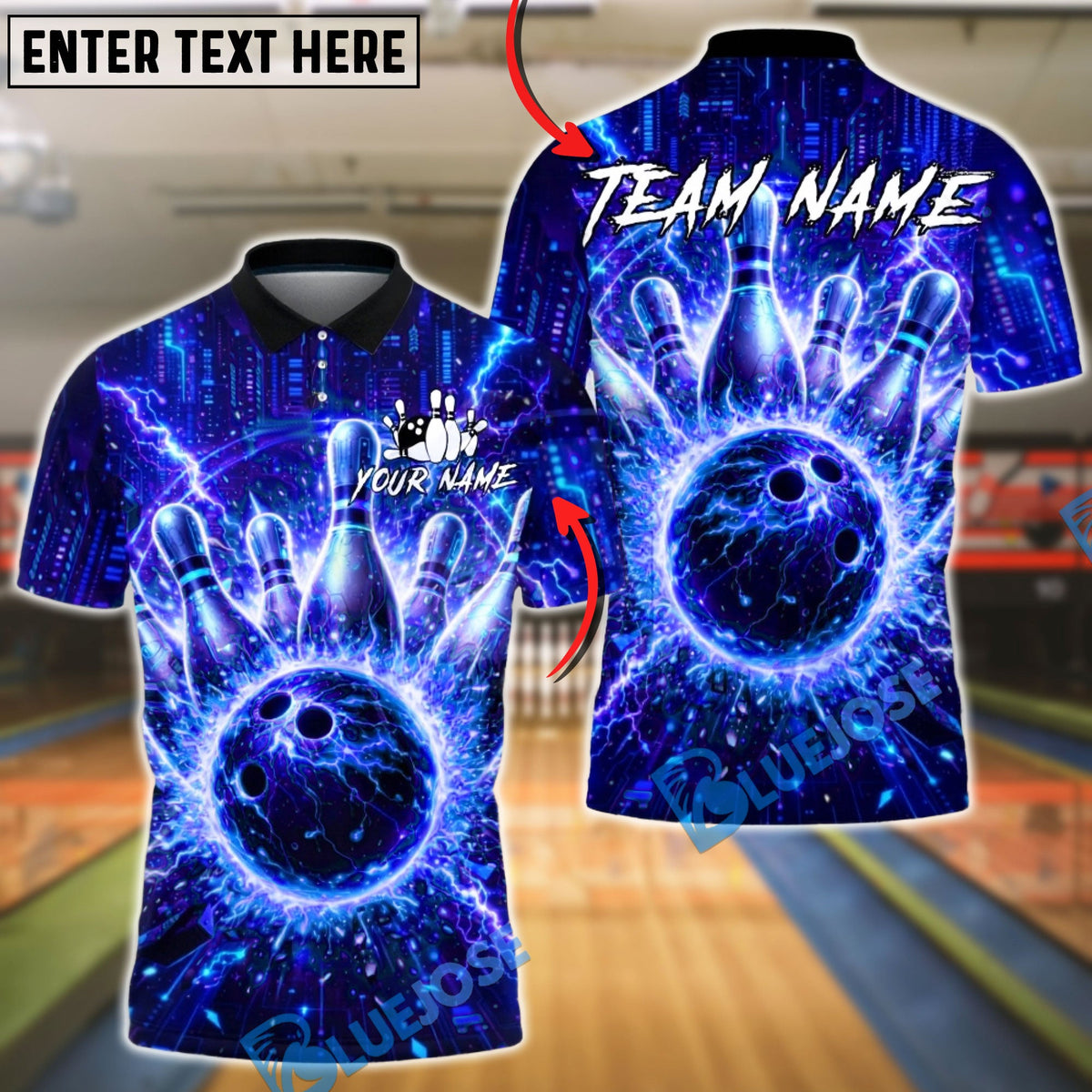 BlueJose Bowling & Pins Neon Cyberpunk Lightning Strike Graphic Customized Name, Team Name 3D Shirt (4 Colors)