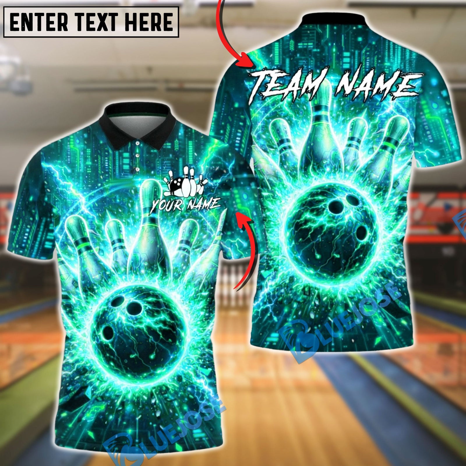BlueJose Bowling & Pins Neon Cyberpunk Lightning Strike Graphic Customized Name, Team Name 3D Shirt (4 Colors)