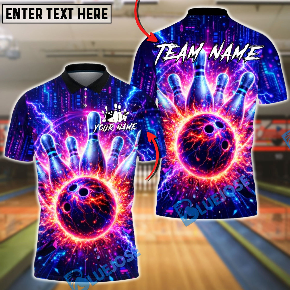 BlueJose Bowling &amp; Pins Neon Cyberpunk Lightning Strike Graphic Customized Name, Team Name 3D Shirt (4 Colors)