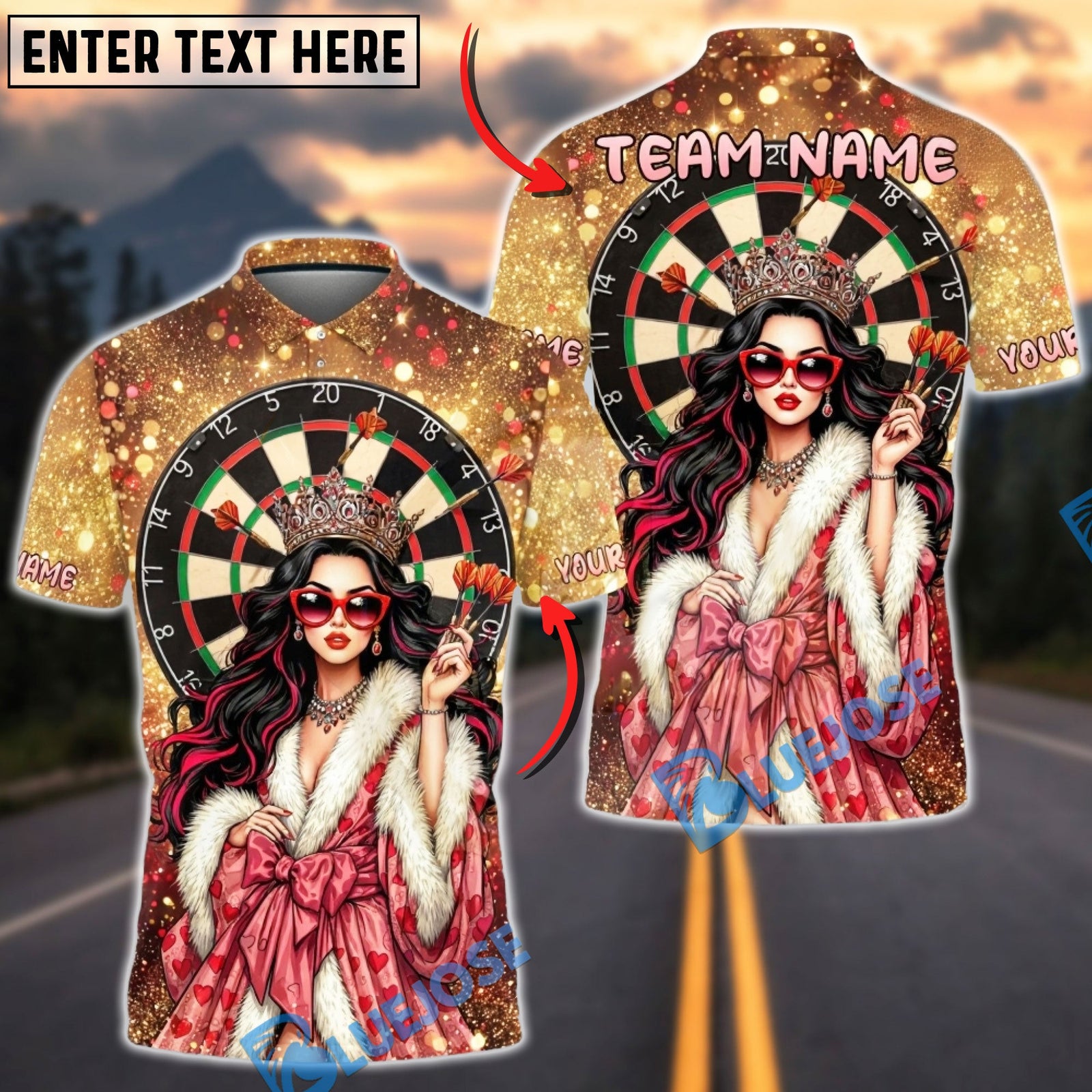 BlueJose Darts Queen Crown Glamour Dartboard Gold Sparkle Personalized Name Shirt