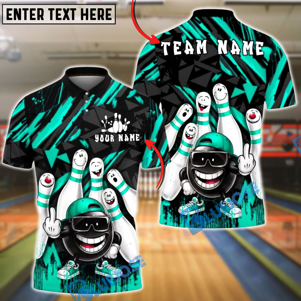 BlueJose Bowling & Pins Funny Pin Characters Urban Graffiti Style Customized Name, Team Name 3D Shirt (6 Colors)