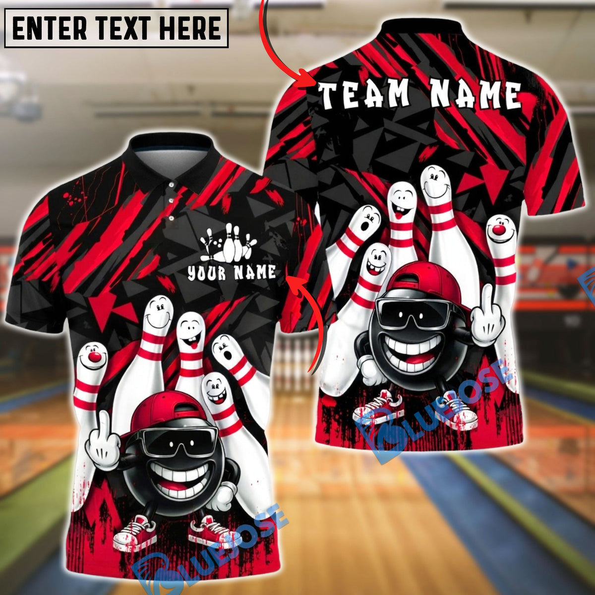BlueJose Bowling &amp; Pins Funny Pin Characters Urban Graffiti Style Customized Name, Team Name 3D Shirt (6 Colors)