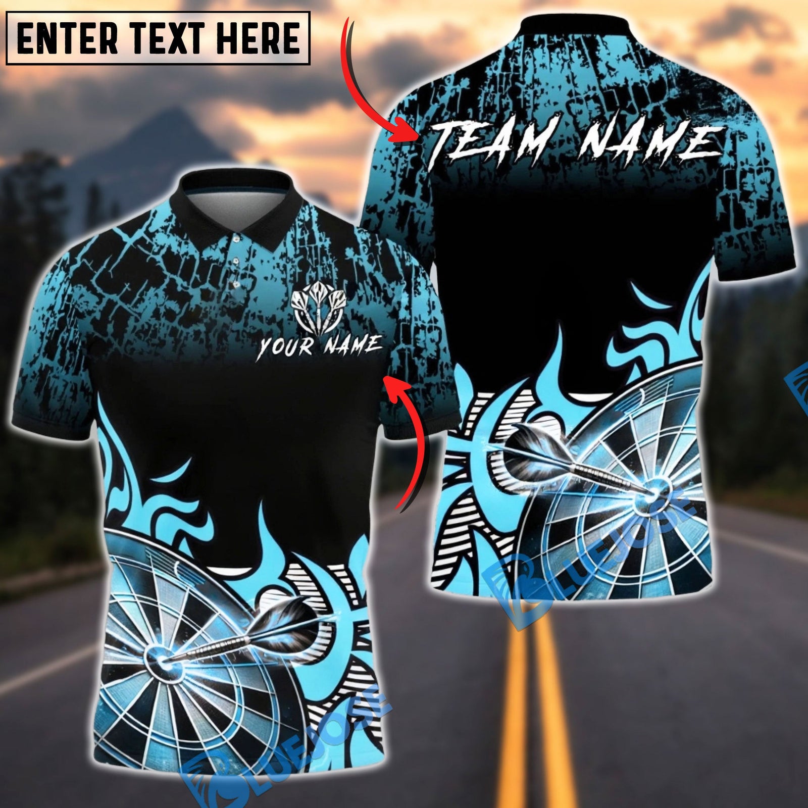BlueJose Darts Tribal Flame Dartboard Impact Multicolor Options Personalized Name Shirt (4 Colors)