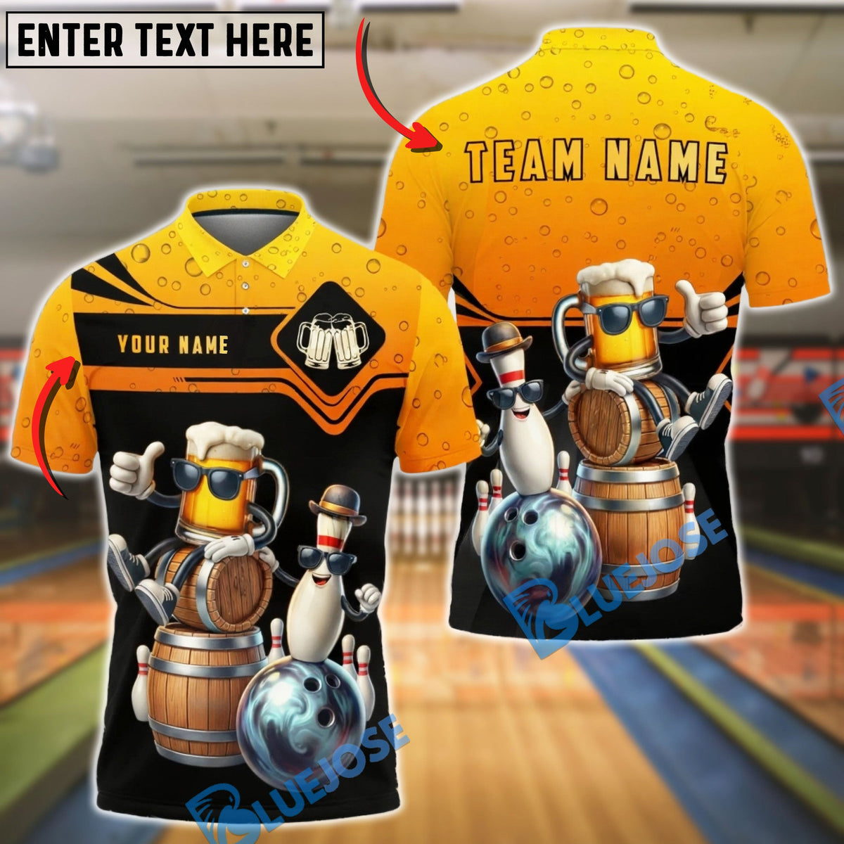 BlueJose Bowling Beer Mug &amp; Pin Cartoon Party Graphic Personalized Name, Team Name 3D Shirt