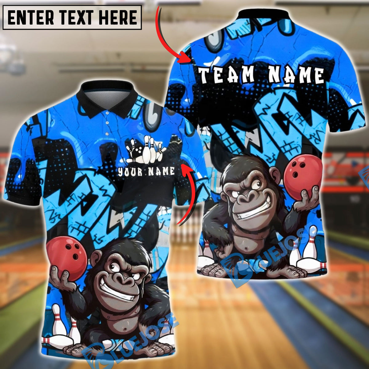 BlueJose Bowling &amp; Pins Gorilla Street Graffiti Customized Name, Team Name 3D Shirt (4 Colors)