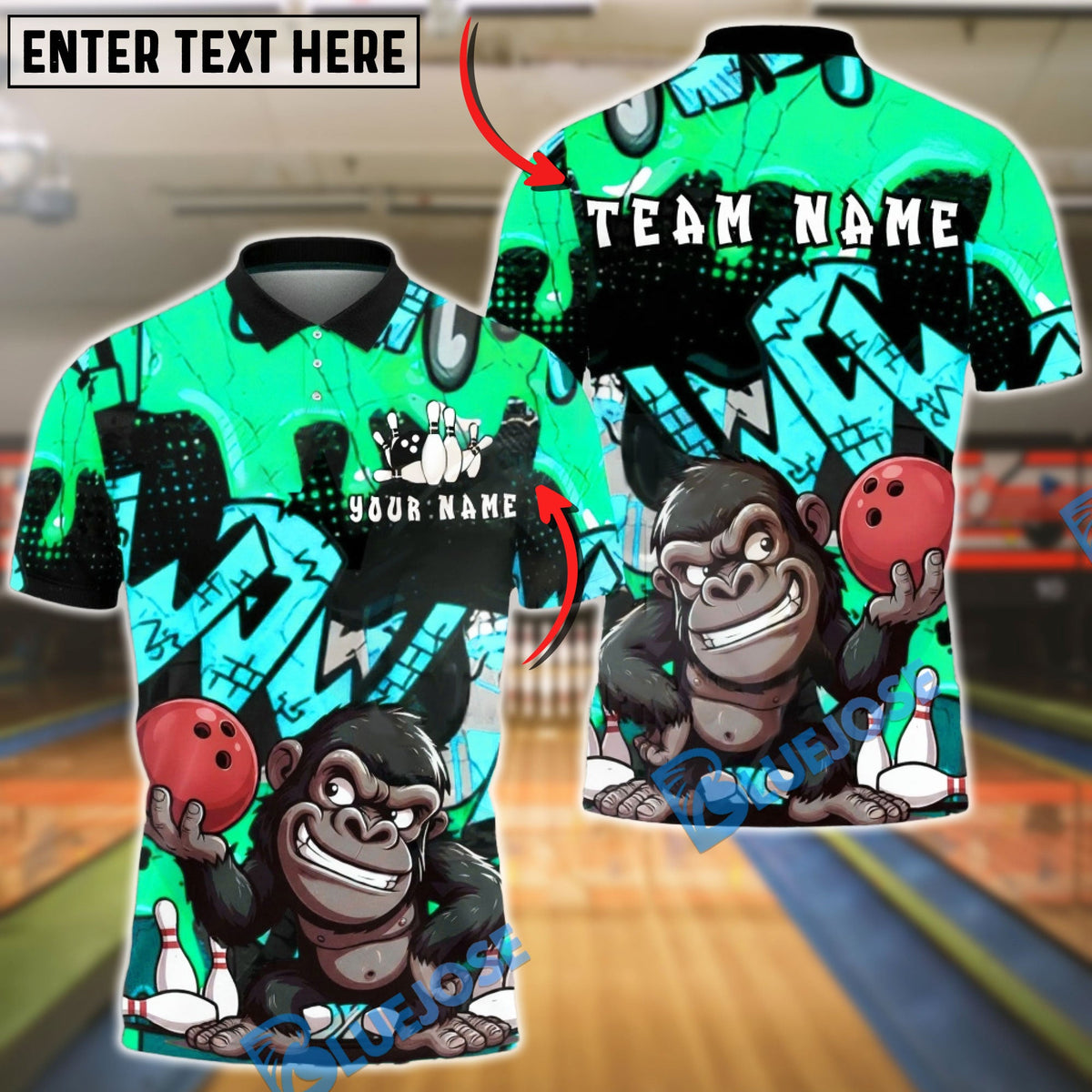 BlueJose Bowling & Pins Gorilla Street Graffiti Customized Name, Team Name 3D Shirt (4 Colors)