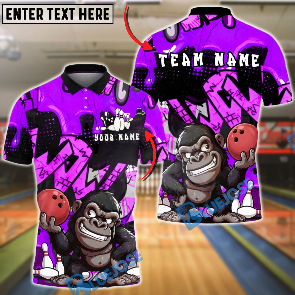 BlueJose Bowling & Pins Gorilla Street Graffiti Customized Name, Team Name 3D Shirt (4 Colors)