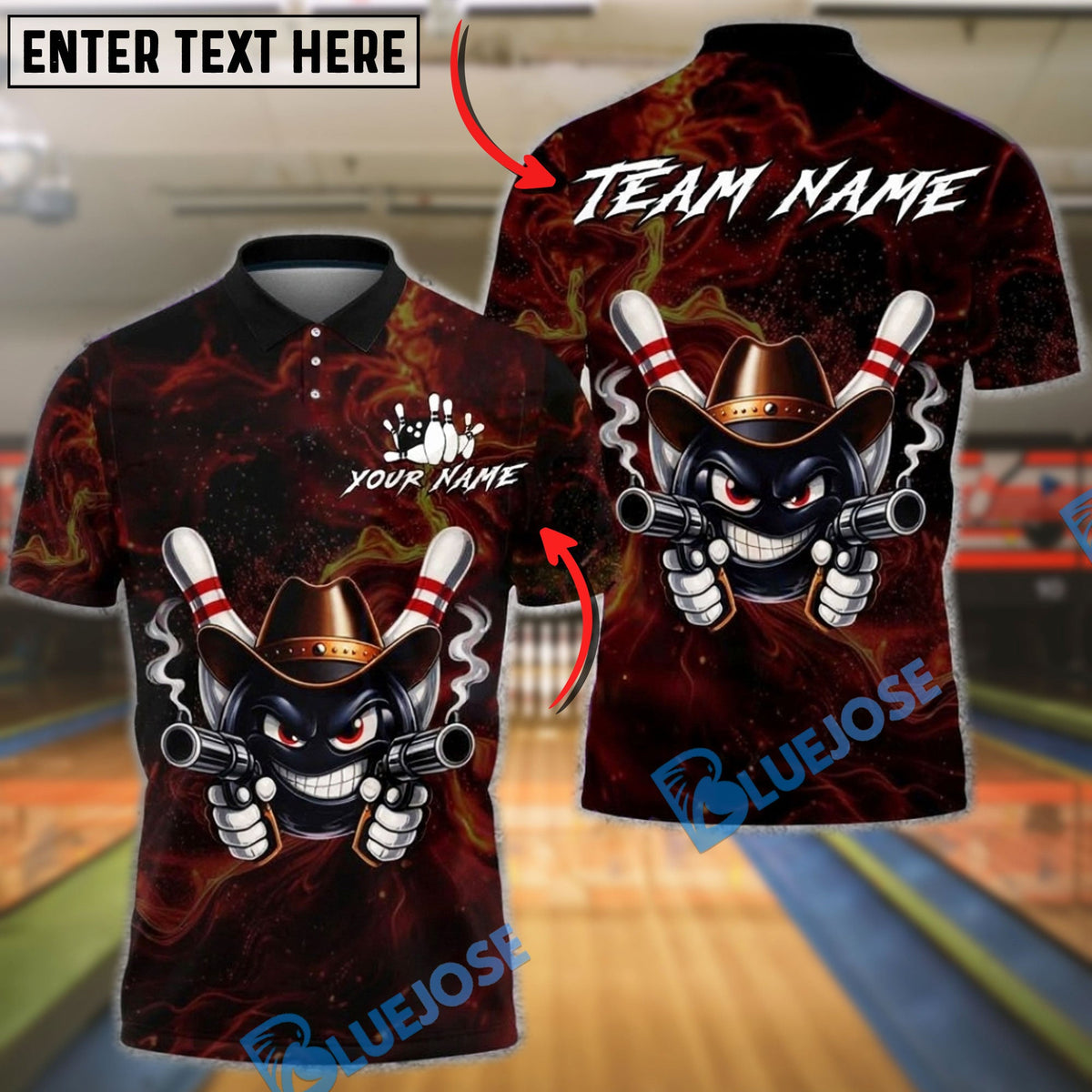 BlueJose Bowling &amp; Pins Cowboy Gunslinger Customized Name, Team Name 3D Shirt (4 Colors)