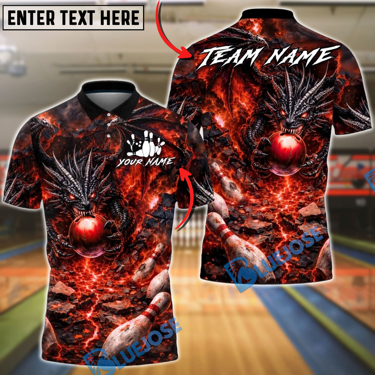 BlueJose Bowling &amp; Pins Fire Dragon Lava Hell Customized Name, Team Name 3D Shirt (4 Colors)