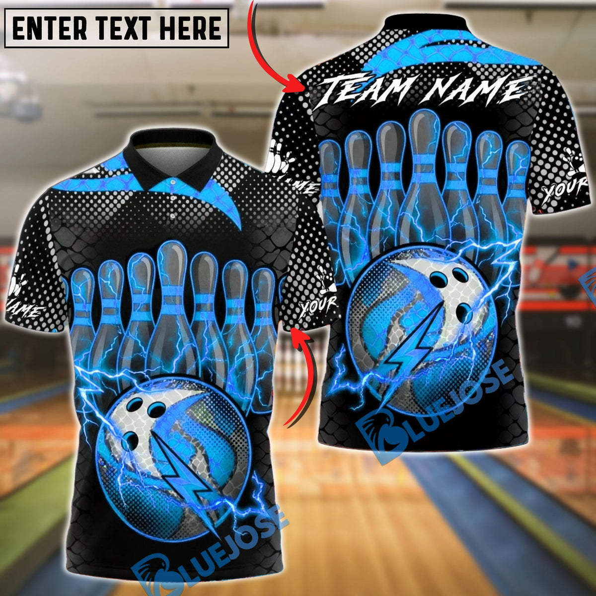 BlueJose Bowling & Pins Lightning Ball Electric Strike Customized Name, Team Name 3D Shirt (4 Colors)
