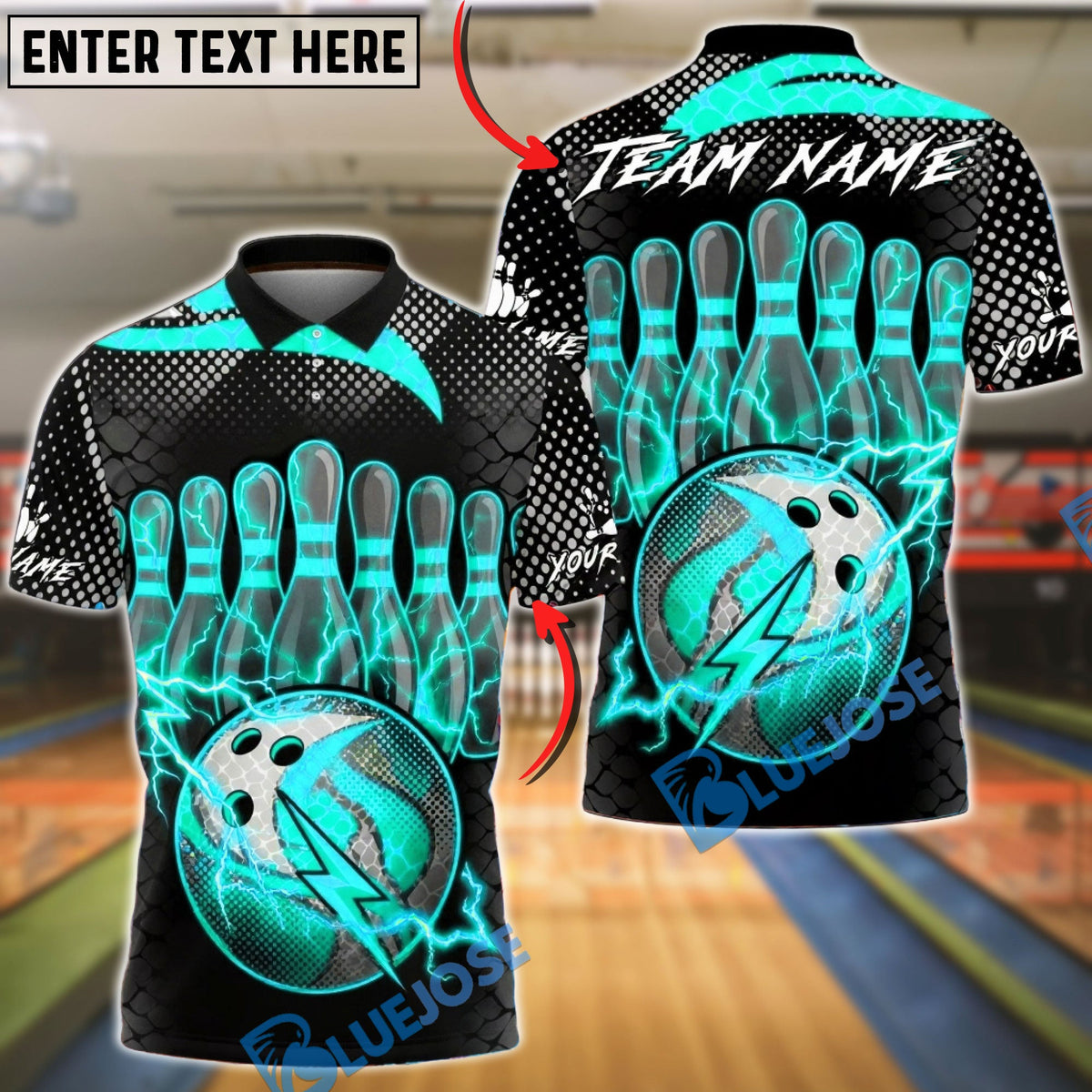 BlueJose Bowling & Pins Lightning Ball Electric Strike Customized Name, Team Name 3D Shirt (4 Colors)