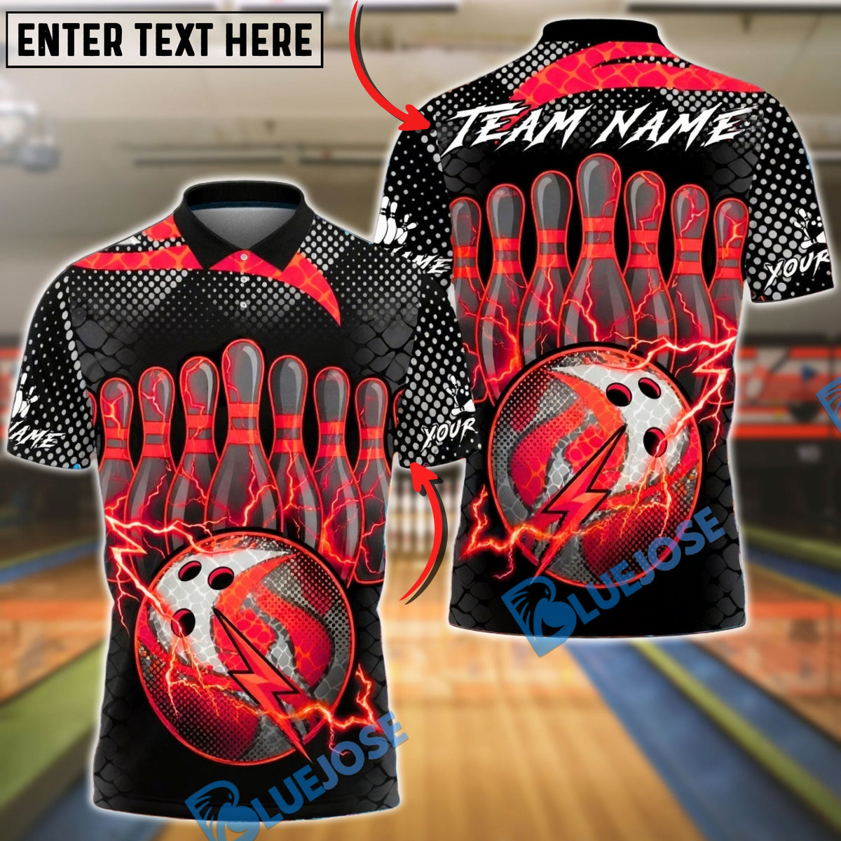 BlueJose Bowling &amp; Pins Lightning Ball Electric Strike Customized Name, Team Name 3D Shirt (4 Colors)