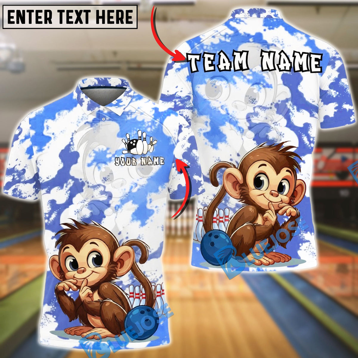 BlueJose Bowling &amp; Pins Monkey Cute Cartoon Customized Name, Team Name 3D Shirt (4 Colors)