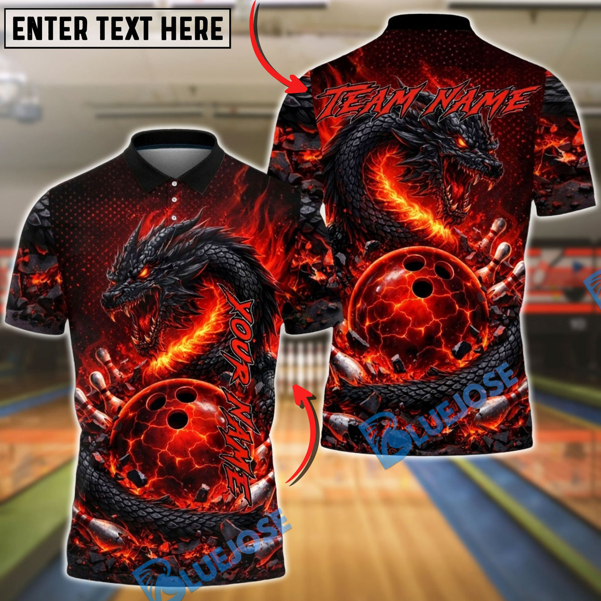 BlueJose Bowling &amp; Pins Fire Dragon Lava Customized Name, Team Name 3D Shirt (4 Colors)