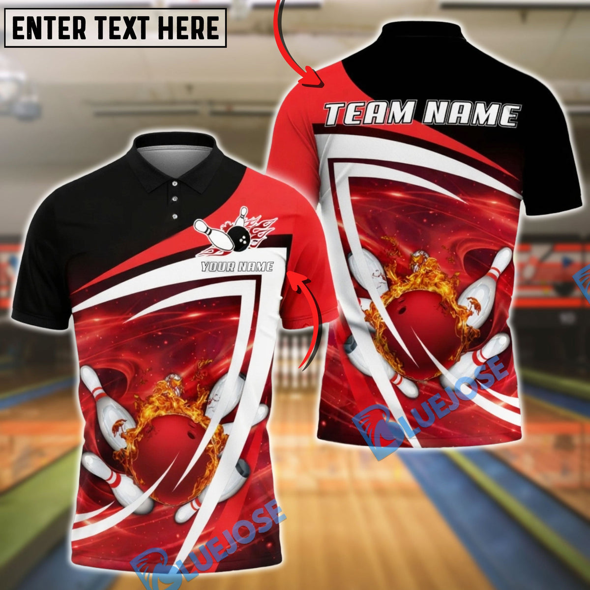 BlueJose Bowling &amp; Pins Fire Strike Swirl Design Customized Name, Team Name 3D Shirt (4 Colors)