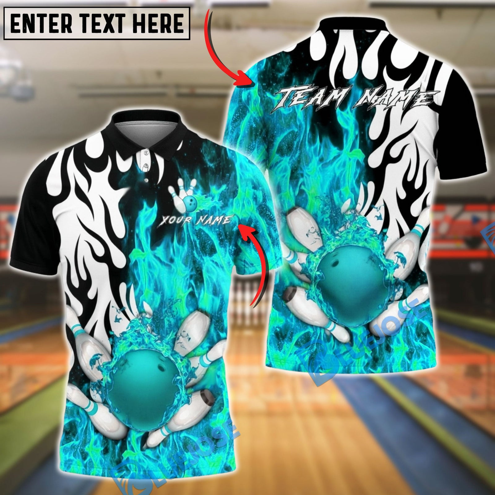 BlueJose Bowling & Pins Flame Splash Power Strike Customized Name, Team Name 3D Shirt (4 Colors)
