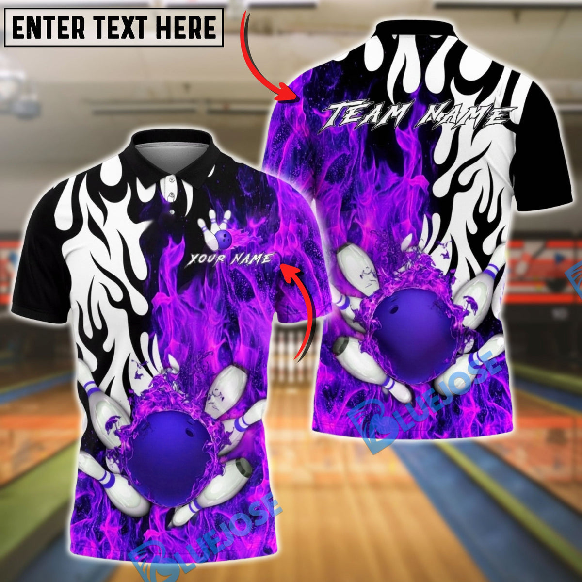 BlueJose Bowling & Pins Flame Splash Power Strike Customized Name, Team Name 3D Shirt (4 Colors)