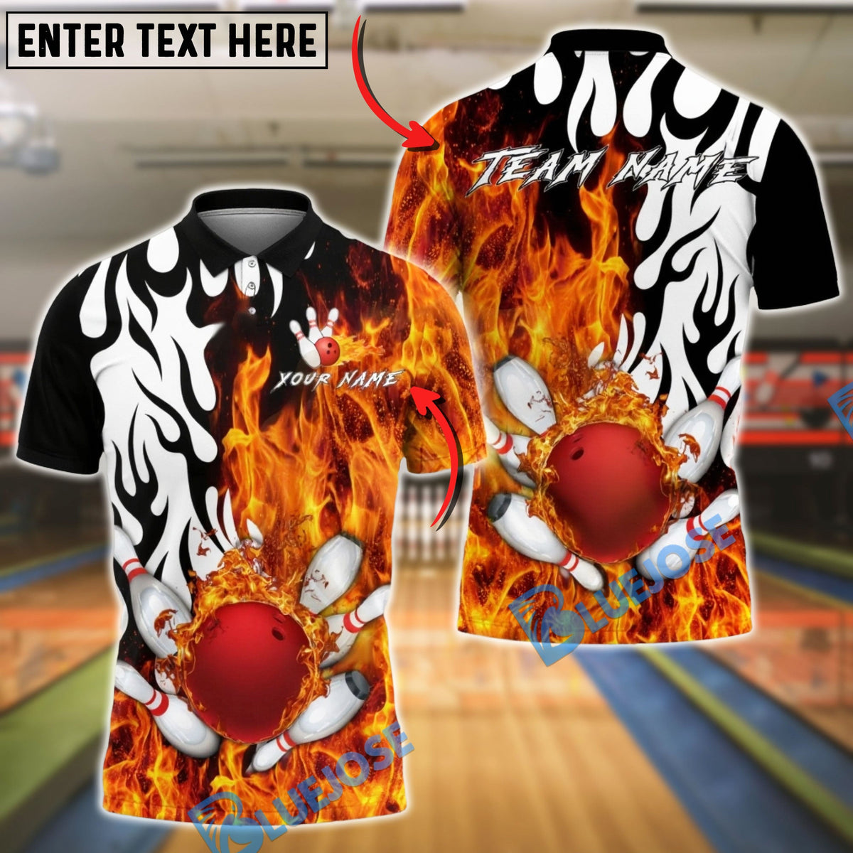 BlueJose Bowling &amp; Pins Flame Splash Power Strike Customized Name, Team Name 3D Shirt (4 Colors)