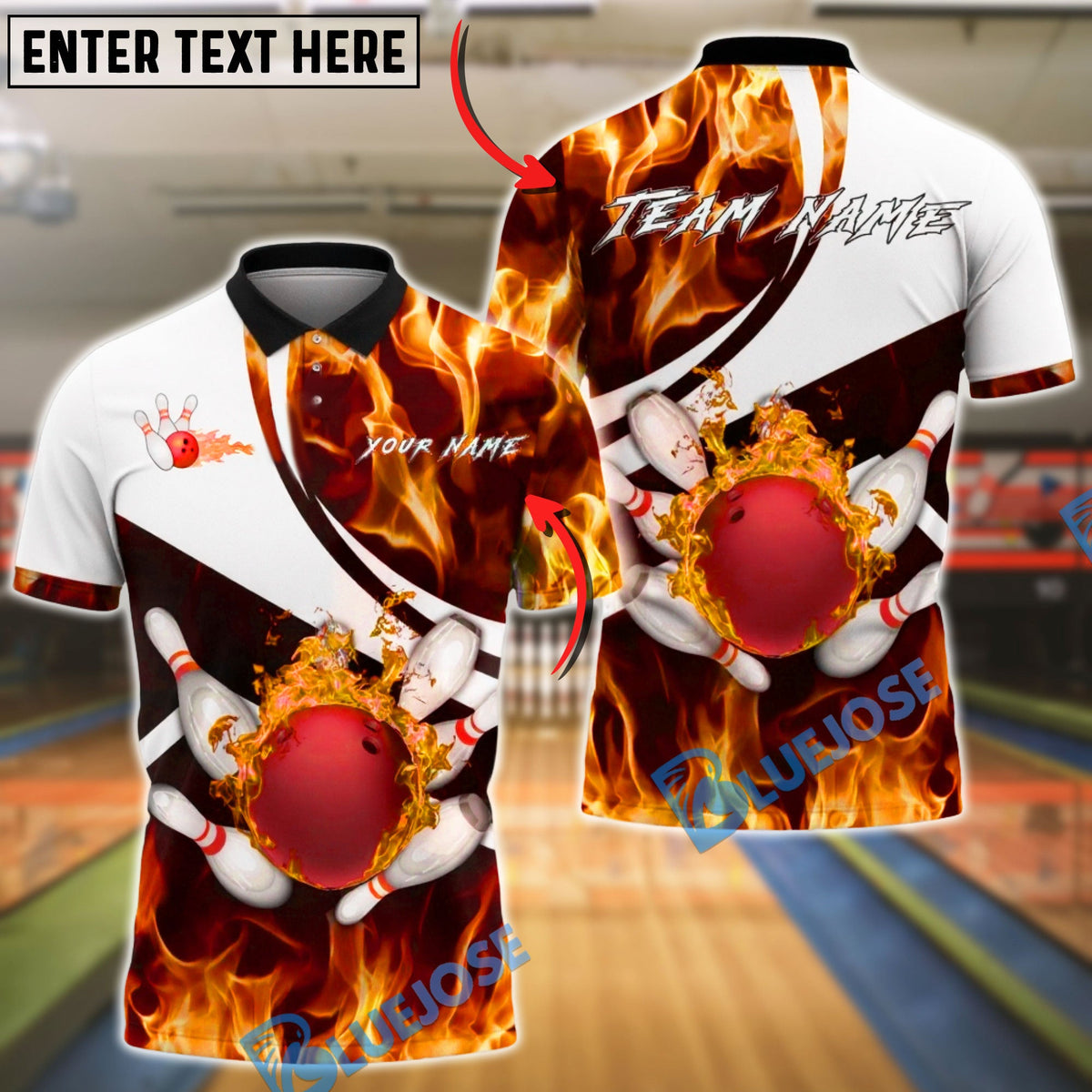 BlueJose Bowling &amp; Pins Fire Storm Strike Customized Name, Team Name 3D Shirt (4 Colors)