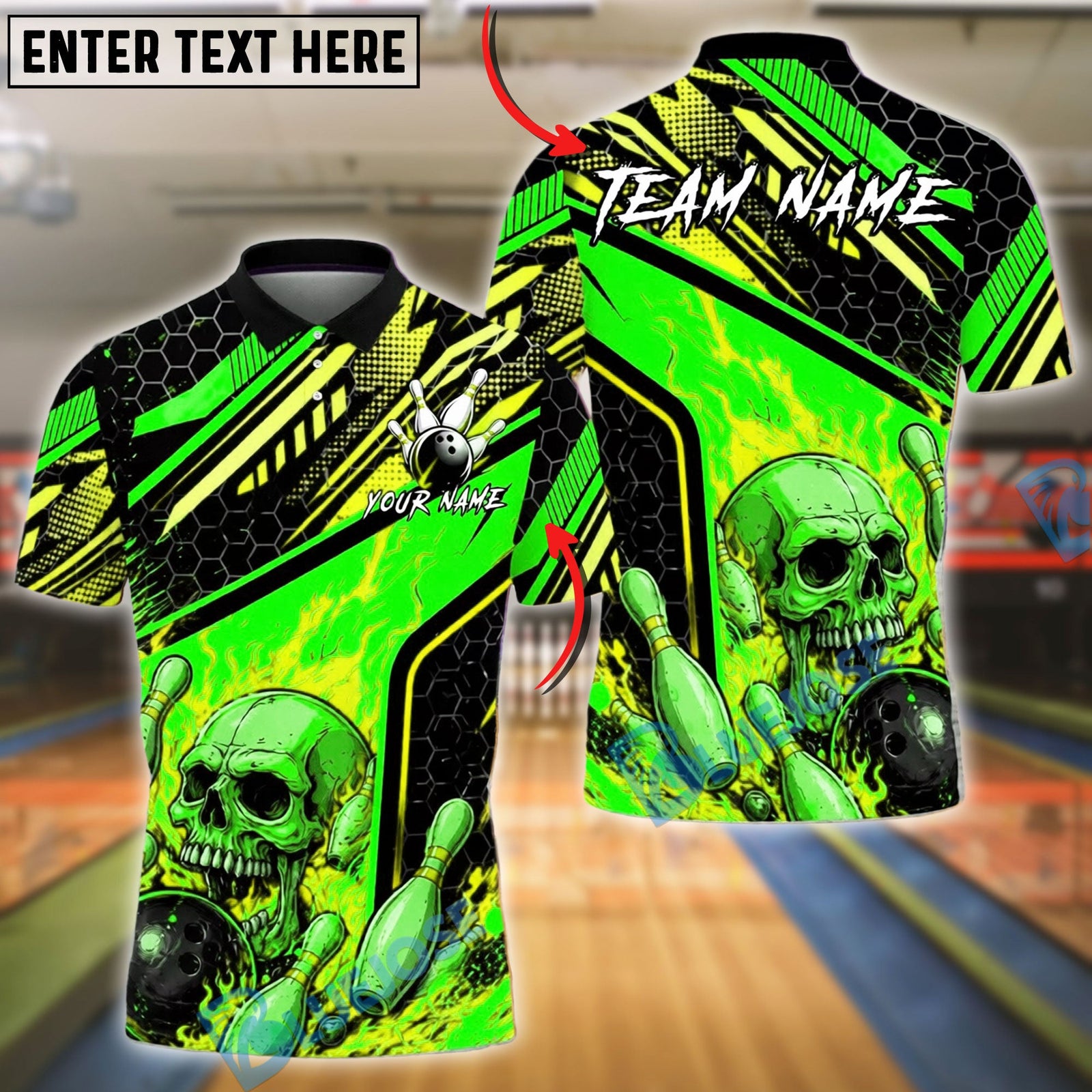BlueJose Bowling And Pins Skull Flame Fire Strike Design Customized Name, Team Name 3D Shirt (4 Colors)