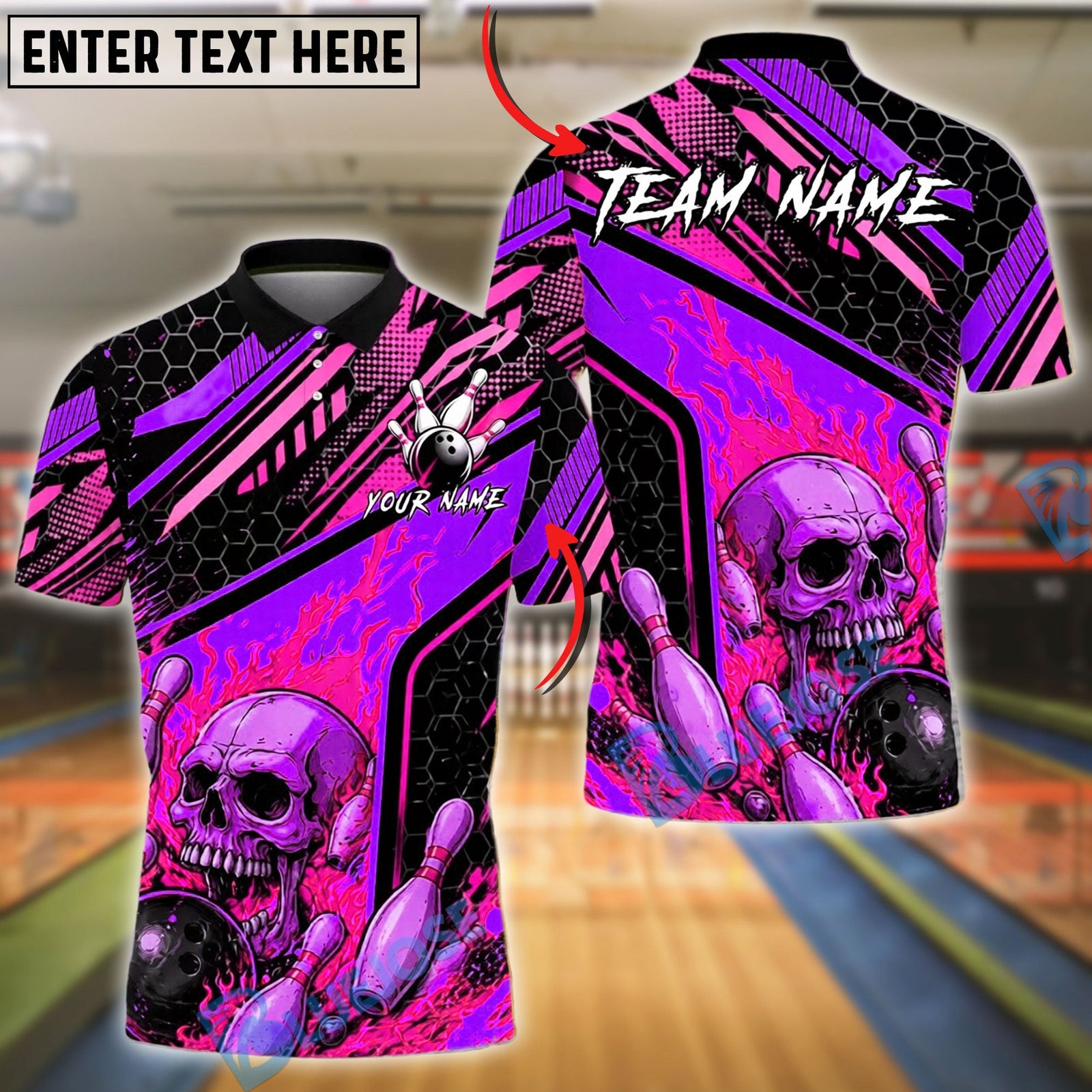 BlueJose Bowling And Pins Skull Flame Fire Strike Design Customized Name, Team Name 3D Shirt (4 Colors)