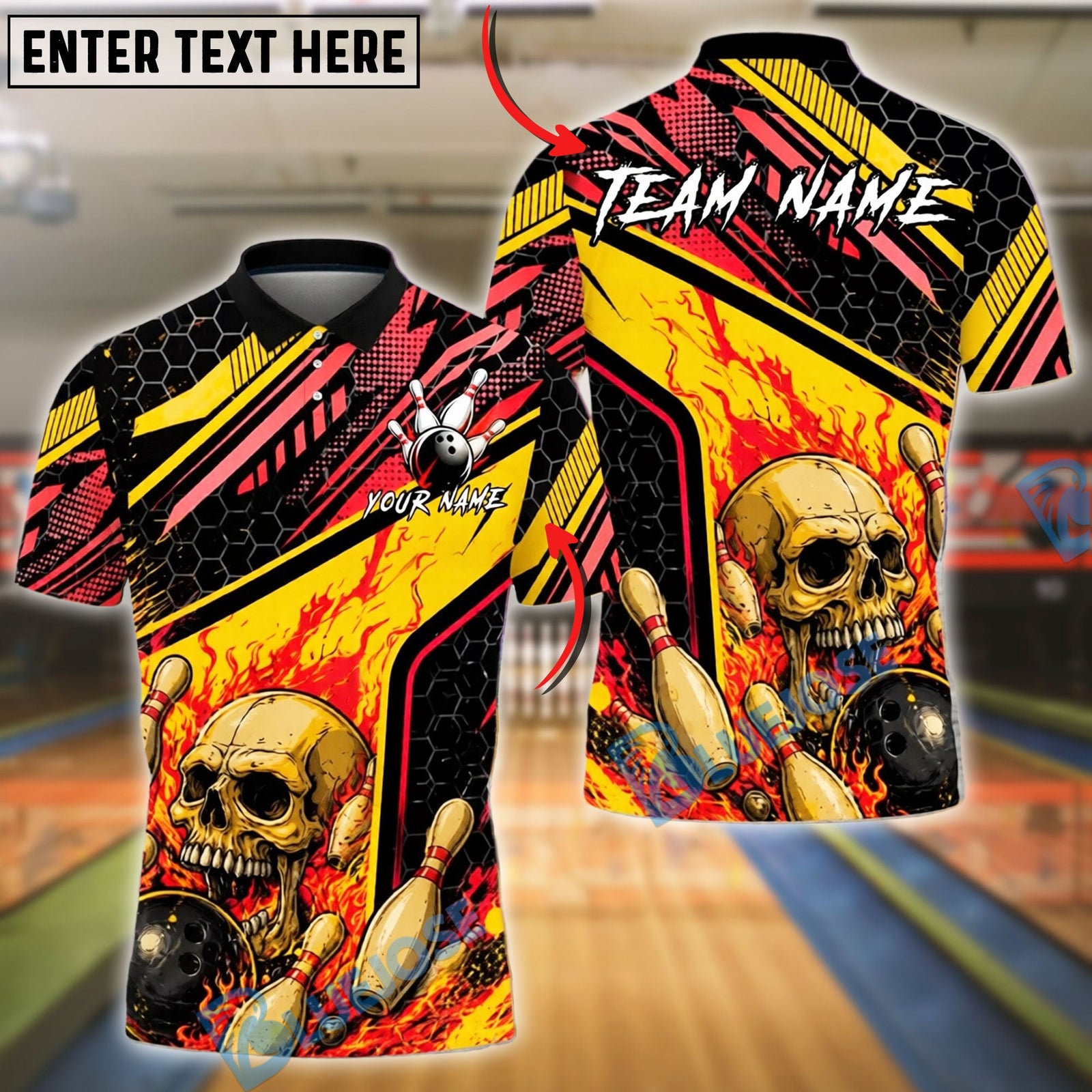 BlueJose Bowling And Pins Skull Flame Fire Strike Design Customized Name, Team Name 3D Shirt (4 Colors)