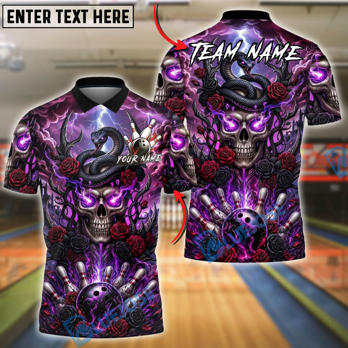 BlueJose Bowling And Pins Snake Lightning Dark Gothic Skull Roses Design Customized Name, Team Name 3D Shirt (4 Colors)