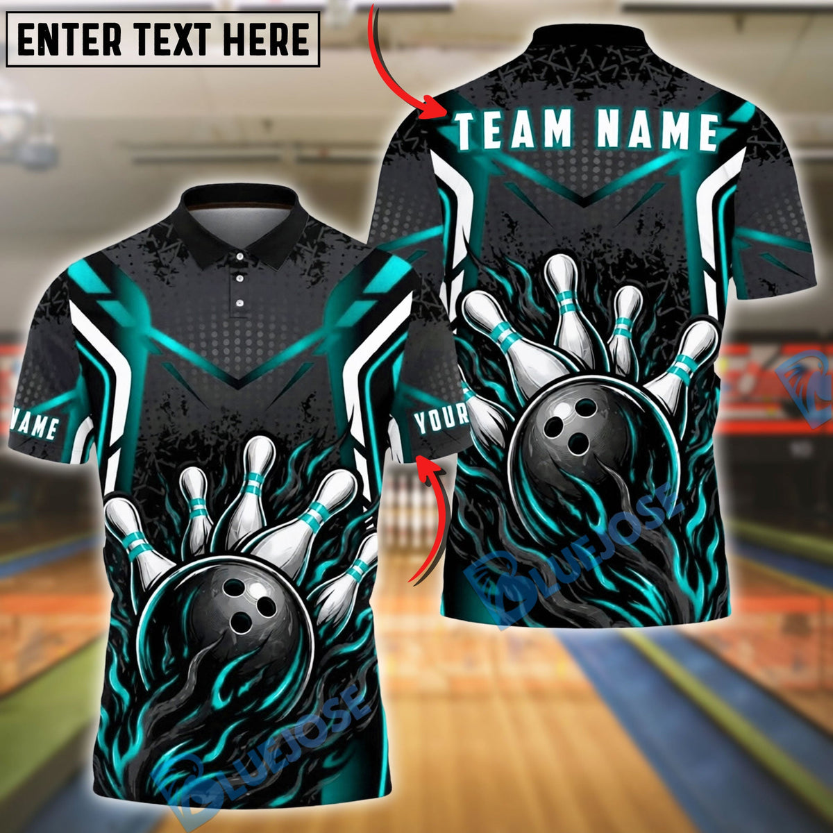 BlueJose Bowling And Pins Black Strike Flame Customized Name, Team Name 3D Shirt (4 Colors)