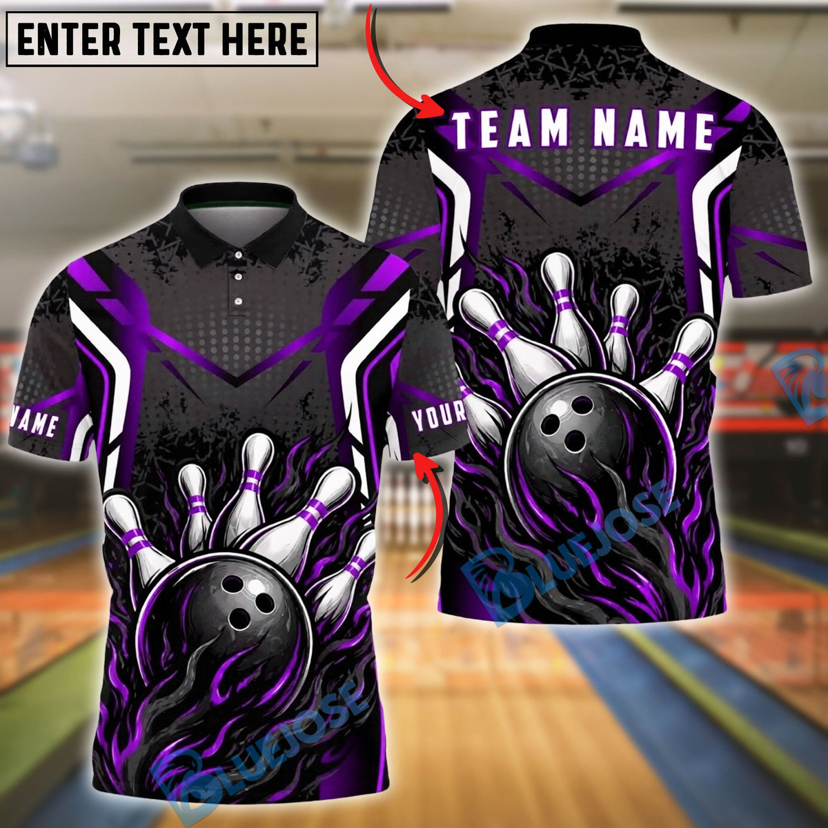 BlueJose Bowling And Pins Black Strike Flame Customized Name, Team Name 3D Shirt (4 Colors)