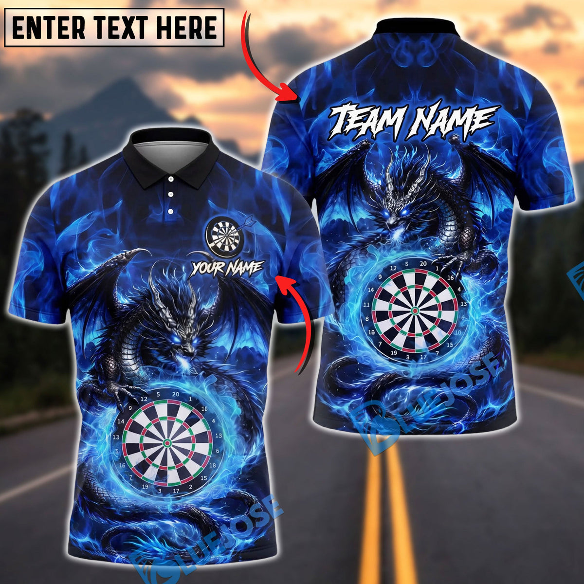BlueJose Darts Dragon Fire Fantasy Art Personalized Name, Team Name Unisex Shirt (4 Colors)