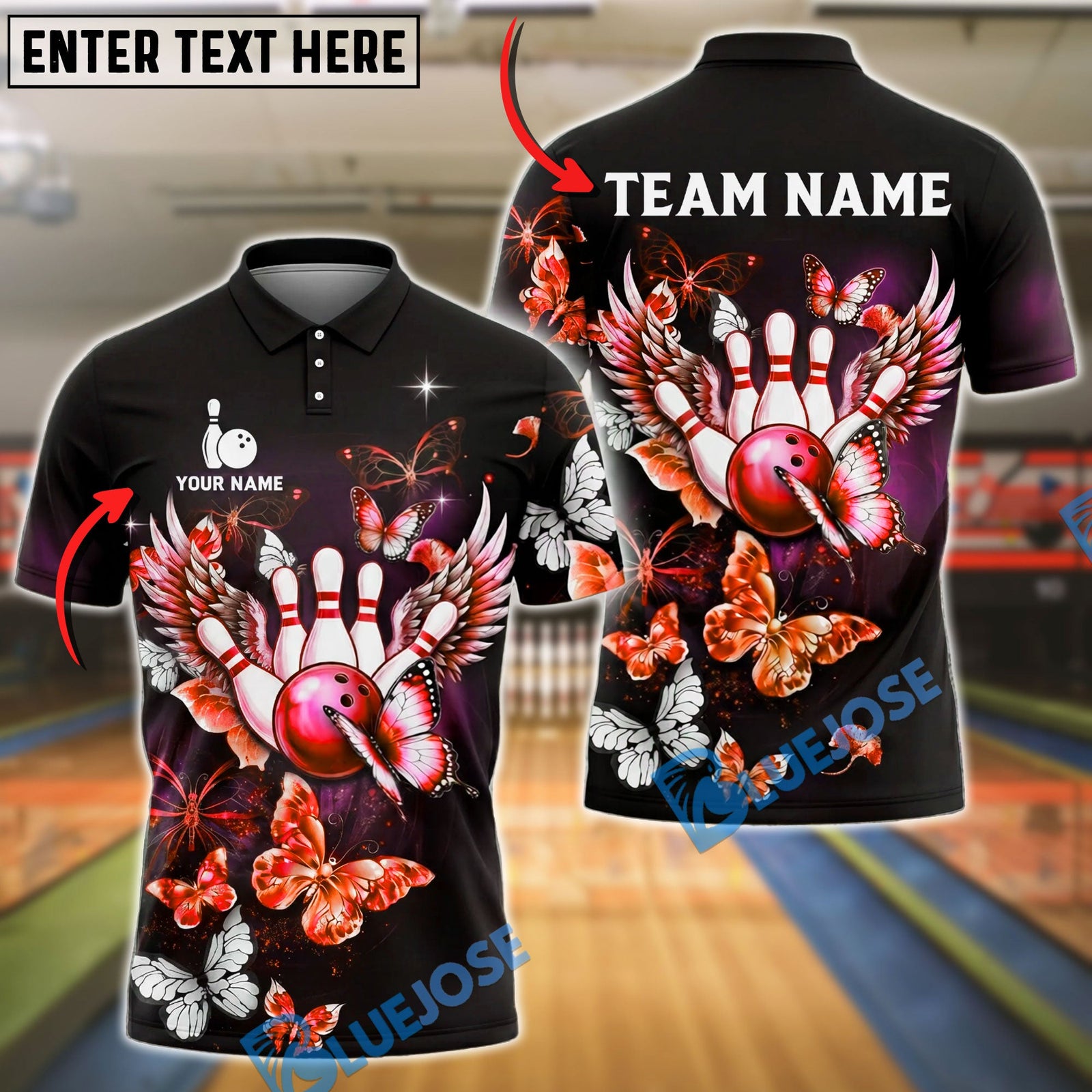 BlueJose  Bowling And Pins Butterfly Wings Art Customized Name, Team Name 3D Shirt (4 Colors)