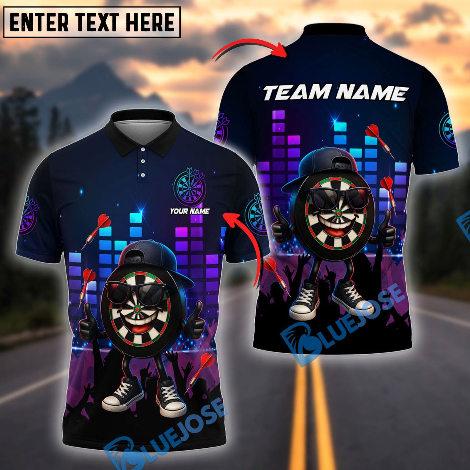 BlueJose Darts Target Hero Night Club Personalized Name, Team Name Shirt (4 Colors)