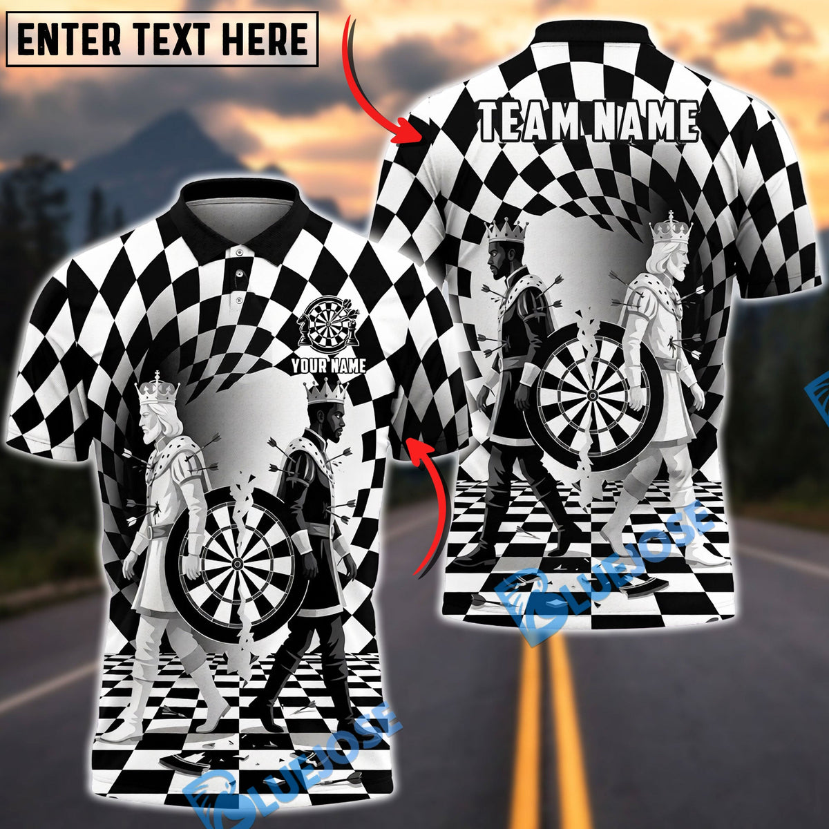 BlueJose Darts Royal King Couple Monochrome Chess Art Personalized Name Shirt