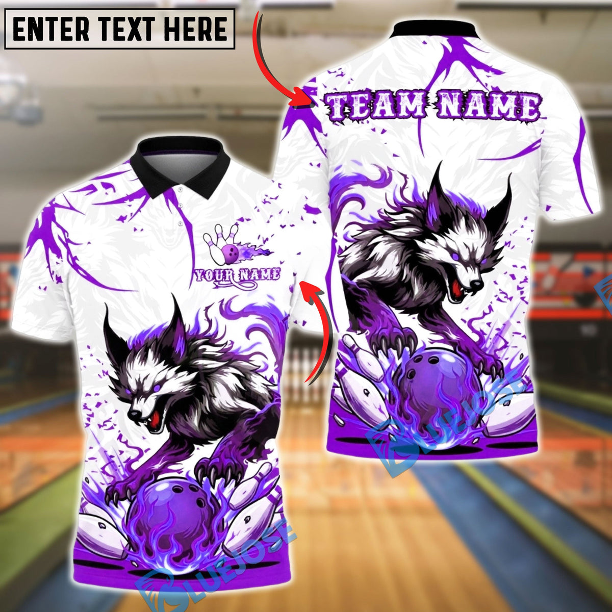 BlueJose Bowling And Pins Wolf Strike Flame Action Customized Name, Team Name 3D Shirt (4 Colors)