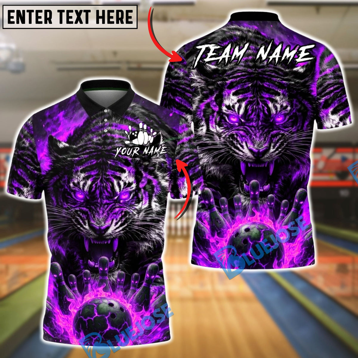 BlueJose Bowling And Pins Fierce Tiger Flaming Bowling Ball Power Customized Name, Team Name 3D Shirt (4 Colors)