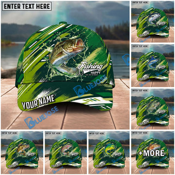 BlueJose Fishing Green Splash Strike Personalized Name Classic 3D Cap Personalized Cap (13 Breeds)