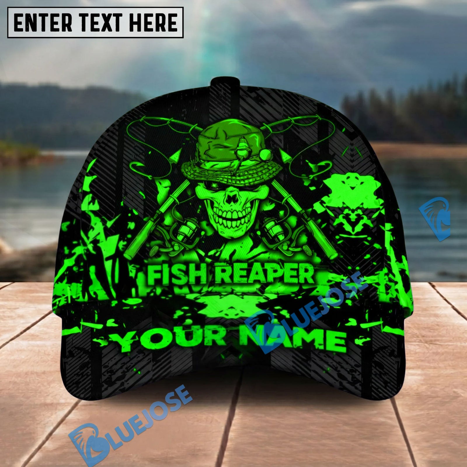 BlueJose  Fishing Reaper Neon Skull  Personalized Cap (8 Colors)