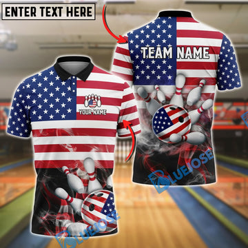 BlueJose Bowling USA Flag Patriotic Smoke Strike Customized Name, Team Name 3D Shirt