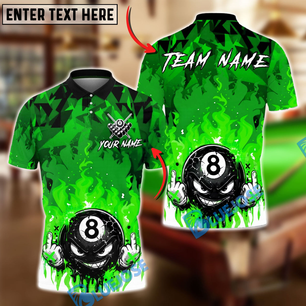 BlueJose Billiards Flame Angry 8 Ball Personalized Name Shirt (4 Colors)