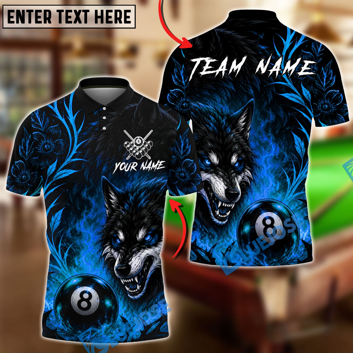 BlueJose Billiards 8 Ball Flame Flower Wolf Personalized Name Shirt (4 Colors)