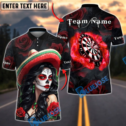 BlueJose Darts Dartboard Day of the Dead Girl Roses Skull Art Personalized Name, Team Name Unisex Shirt (6 Colors)