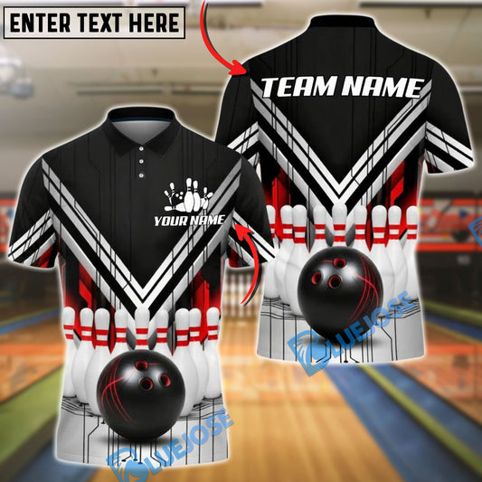 BlueJose Bowling And Pin Black White Red V-Stripe Strike Ball & Pins 3D Design Customized Name, Team Name 3D Shirt (6 Colors)