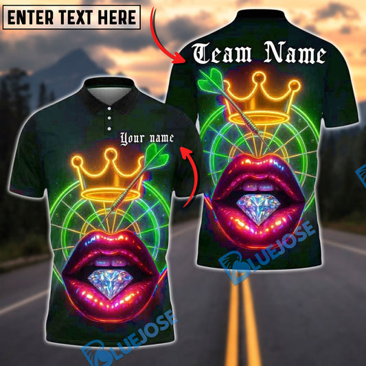 BlueJose Darts Neon Lips Diamond Crown Personalized Name, Team Name Unisex Shirt (4 Colors)